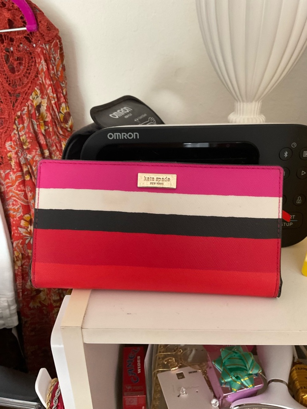kate spade Pink White Black Red Striped Continental Wallet